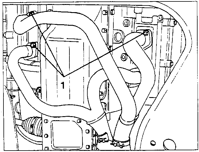 Exhaust manifolds attached to cylinder heads with bolts labeled 1