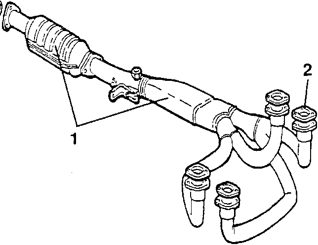 Exhaust manifold assembly with catalytic converter labeled 1 and bolts labeled 2