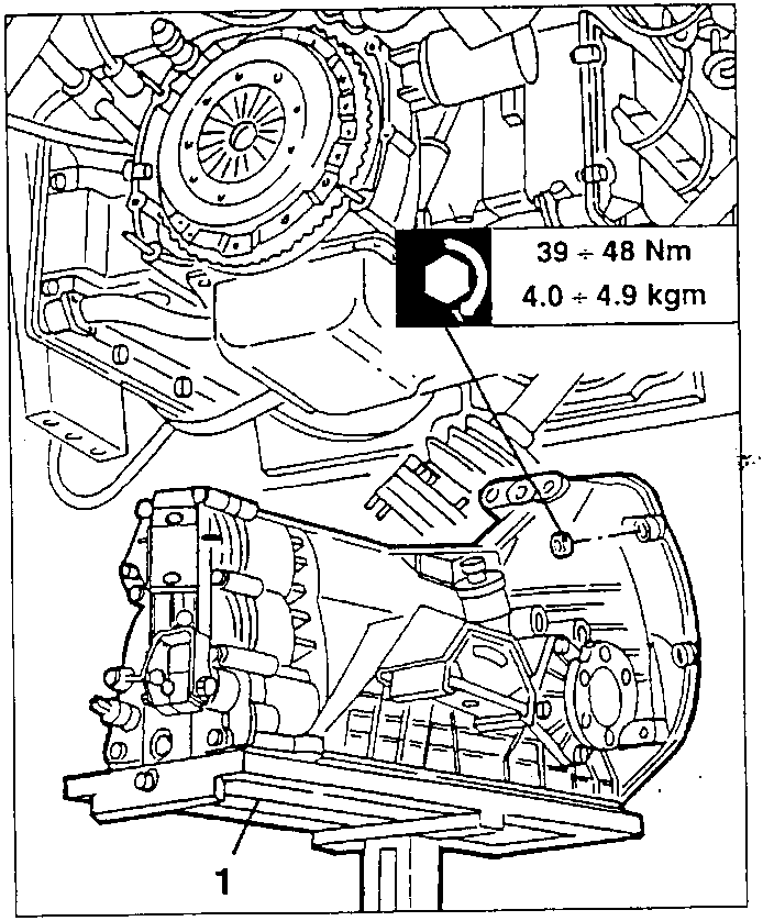 Diagram showing gearbox-differential unit removal with torque specification 39 ÷ 48 Nm