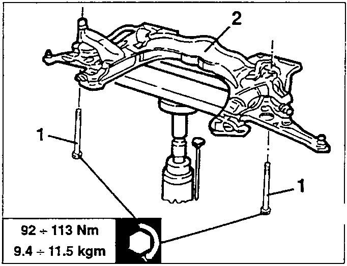 Diagram showing a crossmember with a torque value of 92 ÷ 113 Nm (9.4 ÷ 11.5 kgm).