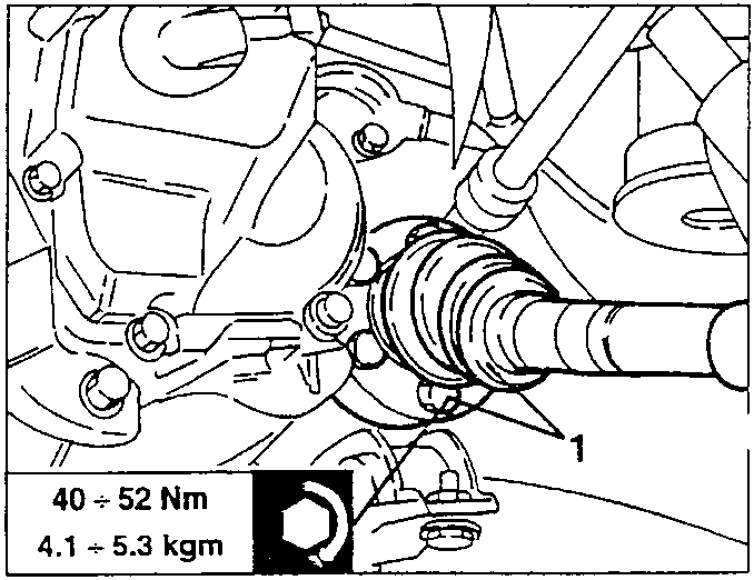 Diagram showing a CV joint with a torque value of 40 ÷ 52 Nm (4.1 ÷ 5.3 kgm).