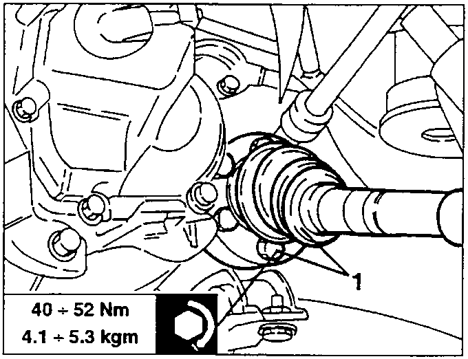 Diagram showing the left-hand CV joint being disconnected from the differential side axle shaft with a torque specification of 40 ÷ 52 Nm (4.1 ÷ 5.3 kgm).