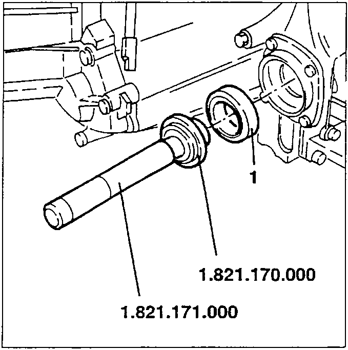 Diagram showing tools 1.821.170.000 and 1.821.171.000 being used to install the new oil seal.