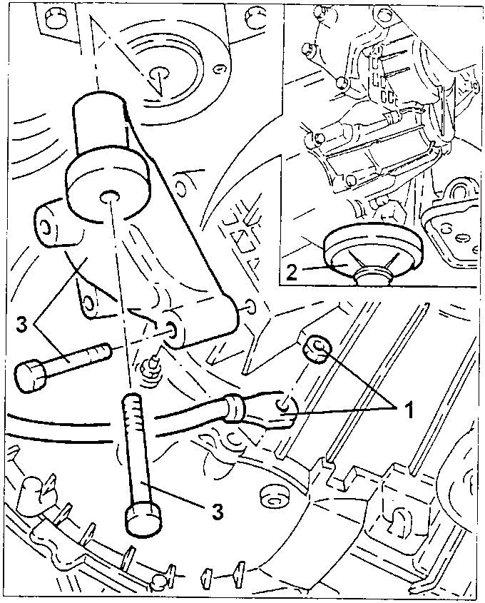 Gearbox stiff side support with bolts labeled 1, 2, and 3