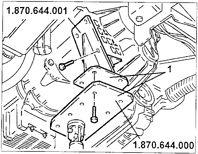 Gearbox supported by hydraulic jack with tools 1.870.644.001 and 1.870.644.000
