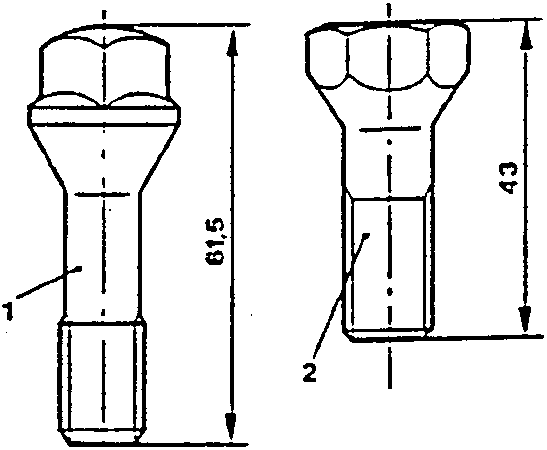Two bolt types: 1. Bolt for alloy rims, 2. Bolt for steel rims. Dimensions shown: 61.5 and 43.