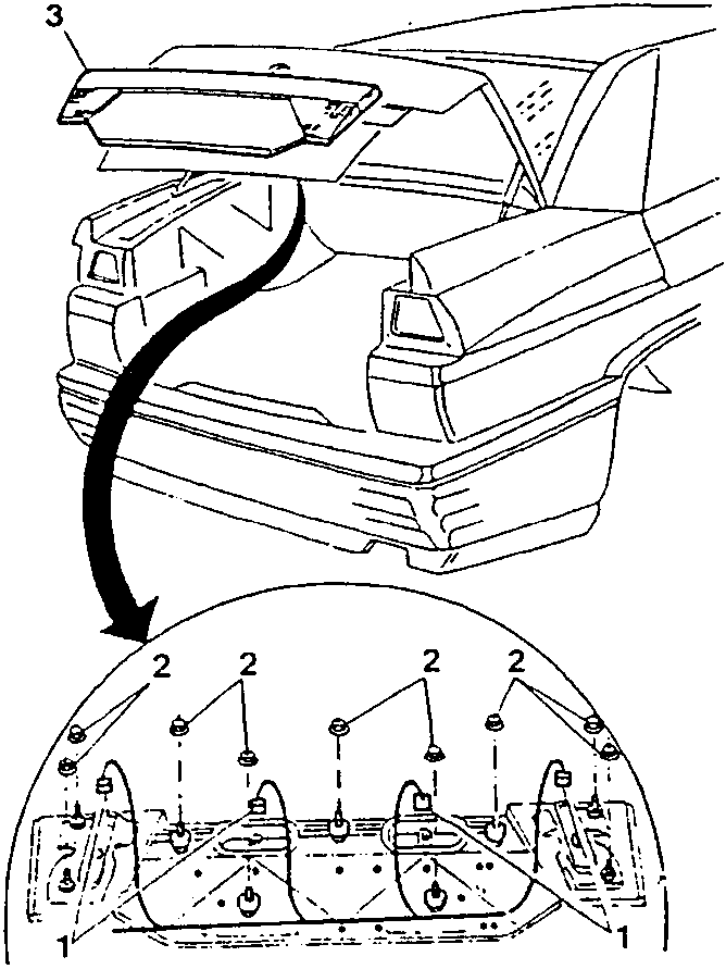 Rear light assembly removal diagram showing boot lid trim being lifted and nuts being loosened
