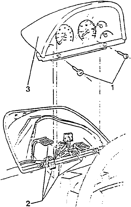 Instrument panel removal diagram showing screws, connectors and panel