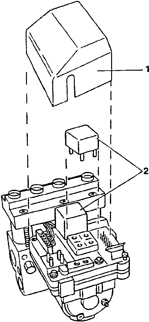 Diagram showing removal of relay cover and relays from ABS control unit relay assembly.