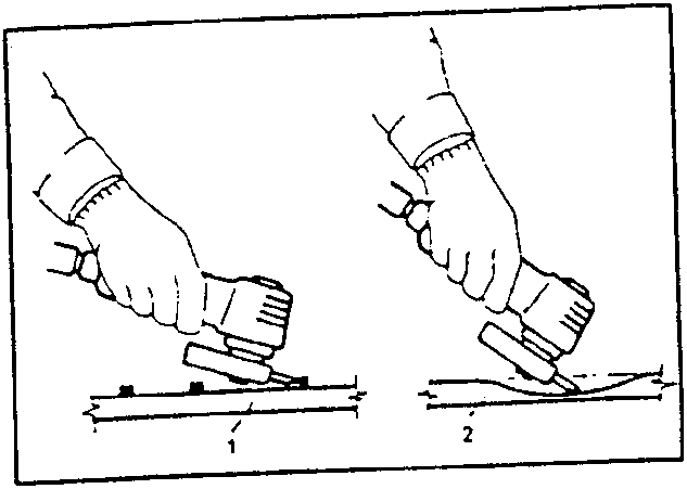 Two illustrations showing sanding techniques. The first shows a correct method with even pressure, the second shows an incorrect method with uneven pressure.