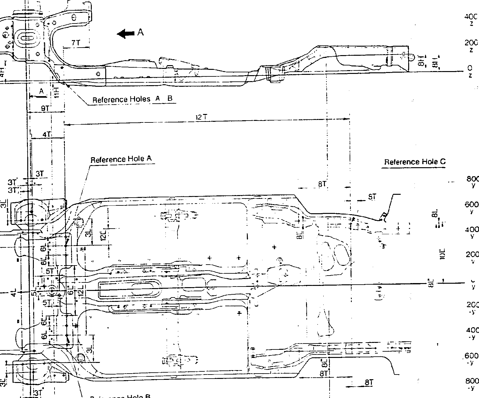 Bodywork diagram showing reference holes A, B, and C with dimensional annotations in X, Y, Z axes.